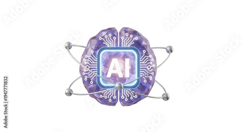 Single 3D icon of an AI neural core symbol shaped like a glowing crystal brain with floating circuit rings orbiting around it, futuristic and innovative concept