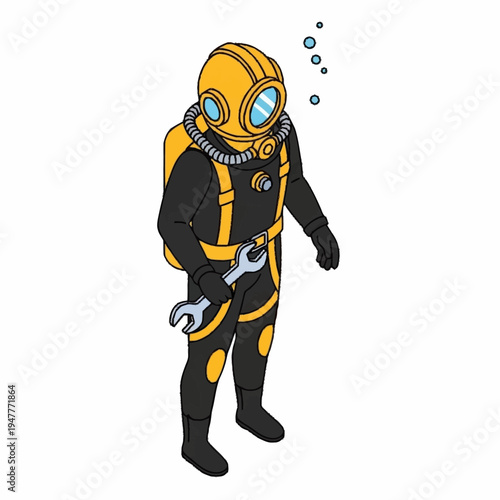 An isometric illustration of a diver in a yellow helmet and black suit holding a wrench, with bubbles rising.