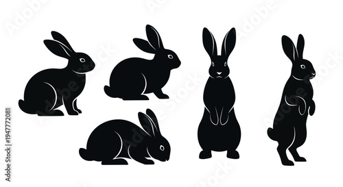 Collection of five black rabbit silhouettes in various poses.