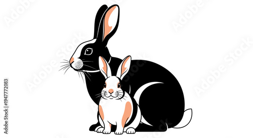 Two adorable rabbits, one large black and one small white, sitting together.