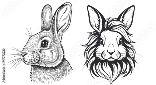 Detailed sketch of two distinct rabbit heads, showcasing different artistic styles and fur textures.