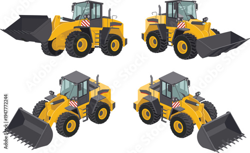 Yellow Wheel Loader Front End Loader Vector Illustration Set from Multiple Isometric Views for Construction Heavy Machinery Earthmoving Industrial Equipment and Building Site Projects IsolatedYellow W