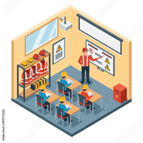 Safety training session in a classroom with a teacher instructing students on hazard symbols and protective gear.