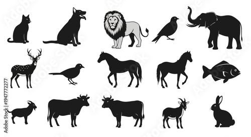 Collection of various animal silhouettes in black and white.