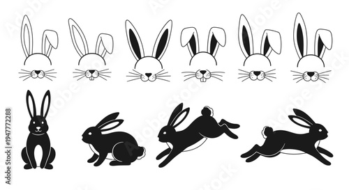 Collection of black and white rabbit illustrations, featuring various poses and expressions of the cute animal.