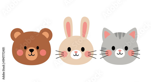 Cute cartoon animal faces including a bear, rabbit, and cat.