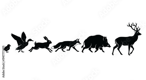 Silhouettes of various wild animals in a row.