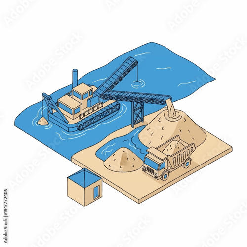 Isometric illustration of a sand mining operation with a dredge, conveyor belt, and dump truck, showing the process of extracting and transporting sand.