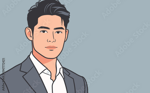 A young man stands in a suit, looking straight ahead with a neutral expression. The background is simple and plain.