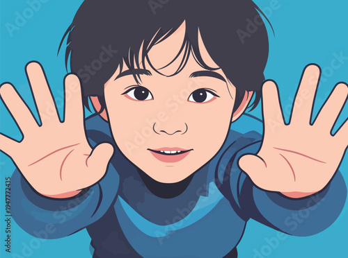 A child with dark hair extends both hands forward, smiling happily against a blue backdrop, showing an engaging and lively expression.