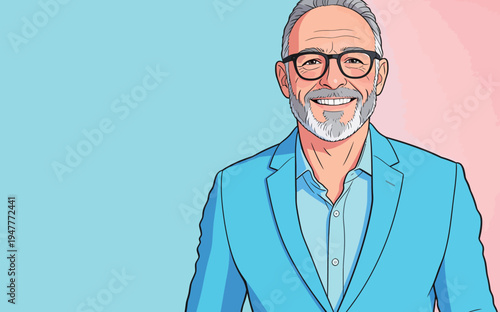 A man with a grey beard and glasses smiles while wearing a light blue suit jacket. He stands against a colorful background.