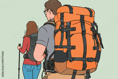 Two people walk on a trail with backpacks. They are prepared for hiking and exploring the outdoors together.