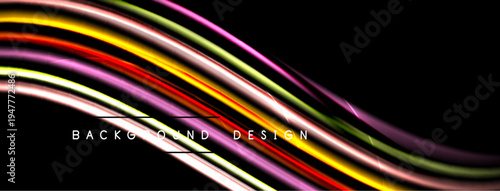 Abstract colorful lines flow across black background. Dynamic curves create modern visual effect. Bright shades emphasize movement, energy.