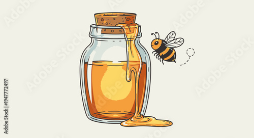 Honey jar with bee flying nearby 1.