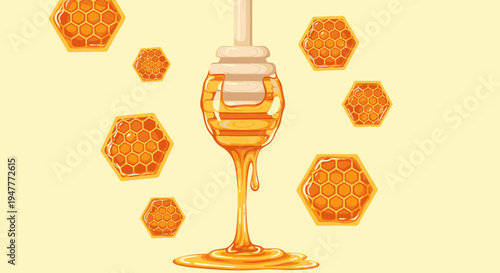Honey pouring from dipper surrounded by honeycombs.
