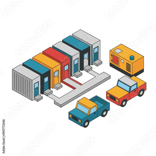 Isometric illustration of modular buildings, a generator, and vehicles, depicting a modern industrial or construction site.