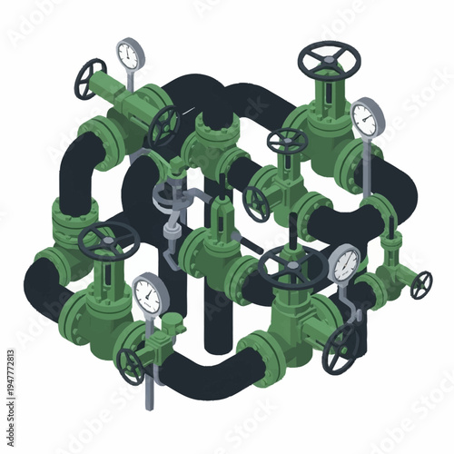 Isometric illustration of complex pipe system with valves and pressure gauges, industrial infrastructure.
