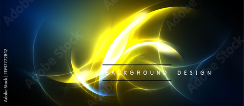 Abstract design features vibrant yellow, blue light streaks. Dark background emphasizes flowing energy, modern aesthetic.