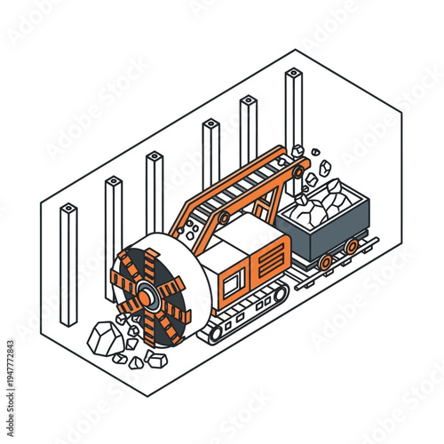 Isometric illustration of a tunnel boring machine excavating rock and loading it into a mine cart on a conveyor belt system.