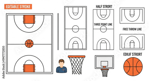 Basketball Court Elements - Court Layouts, Hoop, Ball, and Player.