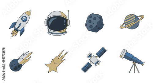 Space objects and astronomy equipment icons 1.