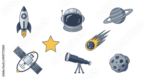 Space objects and astronomy tools.