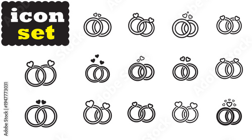 Interlocking Wedding Ring With Hearts Silhouette Vector Set