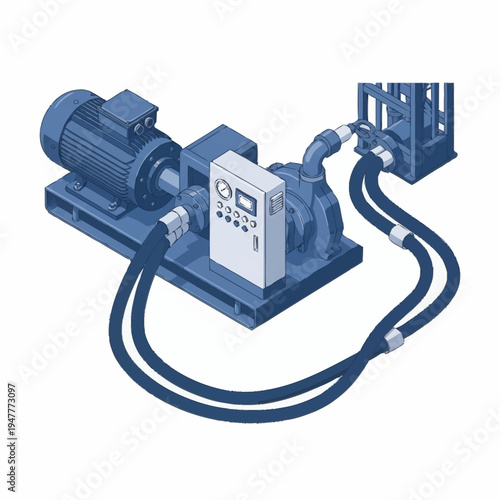Isometric illustration of a blue industrial pump system with an electric motor and control panel connected by hoses.
