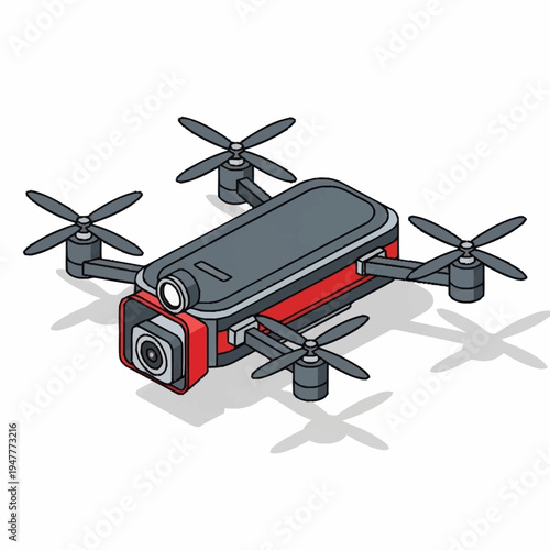 An isometric illustration of a compact, foldable drone with a camera mounted on the front, designed for portability and aerial photography.