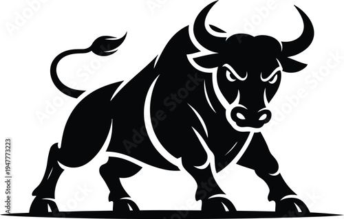 Vector illustration of a powerful black bull with white accents in a charging position