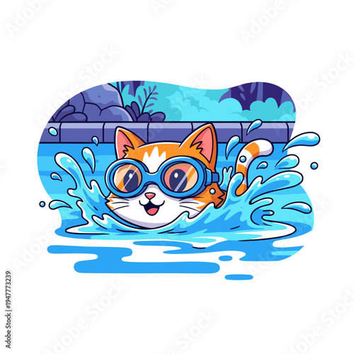 Cute Cat Swimming in a Pool with Goggles and Splashing Water Cartoon Illustration