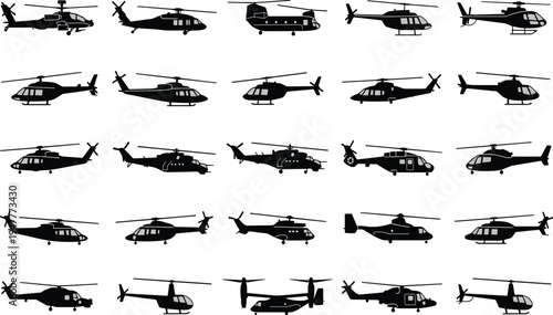 Collection of diverse black helicopter silhouettes including civilian and military models, perfect for aviation themes, educational projects, and creative design illustrations