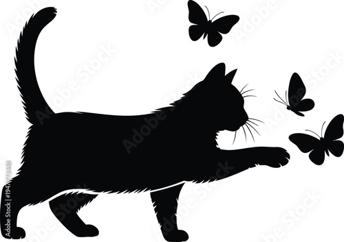 Vector illustration of a black cat chasing colorful butterflies in a whimsical scene