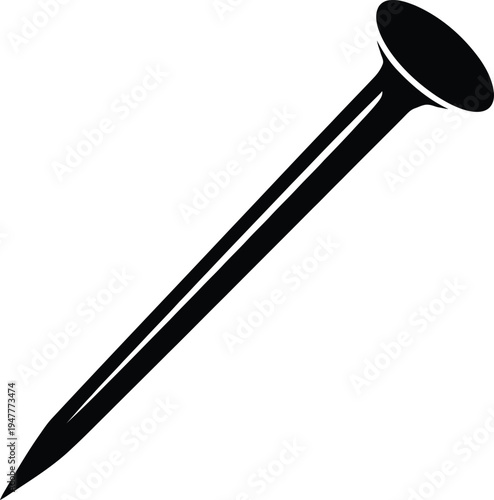 Vector illustration of a black nail with flat head and pointed tip