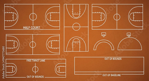Detailed Basketball Court Layout Blueprint with Dimensions and Markings.