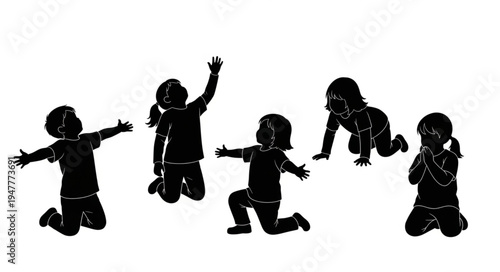Silhouettes of happy jumping kids.