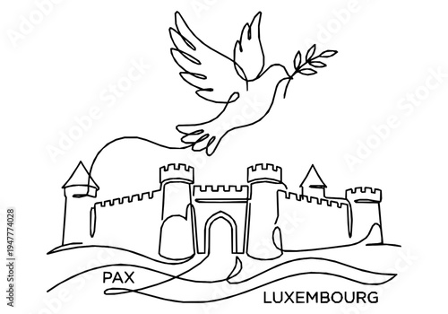 Peaceful Ascension Day Monoline Background with Dove and Fortress Outlines