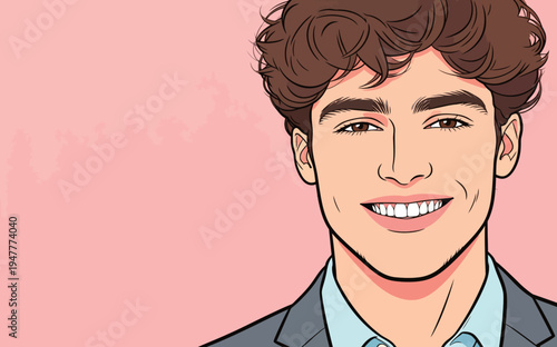 A young man with brown hair smiles at the viewer while dressed in a suit against a plain pink background. He shows warmth and confidence.
