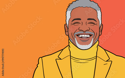A man wears a yellow jacket and turtleneck. He smiles broadly against an orange background. The setting is simple and colorful.