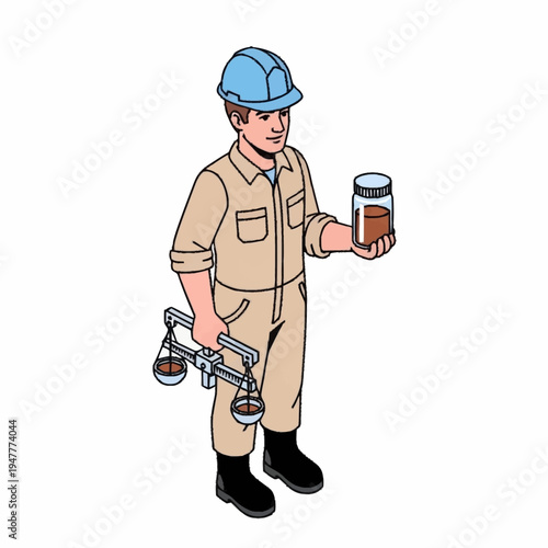 A construction worker in a hard hat and uniform holds a jar of soil and a balance scale.