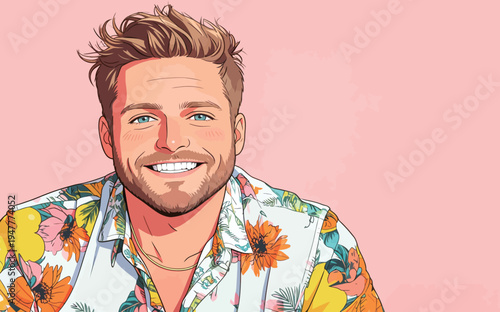 A man is smiling while wearing a colorful floral shirt. He sits in front of a plain pink background.