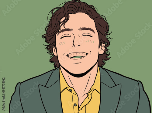 A man with dark curly hair smiles while wearing a jacket and a yellow shirt. He looks happy in a simple setting.