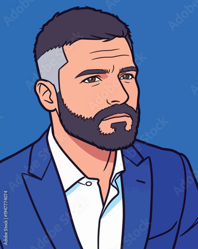 A man poses in a blue suit with a white shirt, showing a serious expression in a digital art style against a blue background.