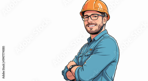 A construction worker smiles and poses with arms crossed. He is wearing a hard hat and glasses at a work site.