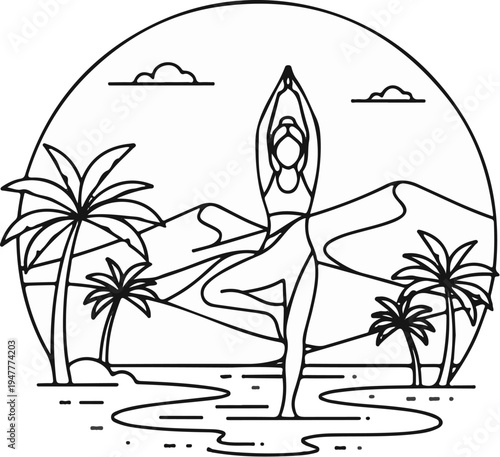 Stylized yoga pose on a beach with palm trees, mountains, and water