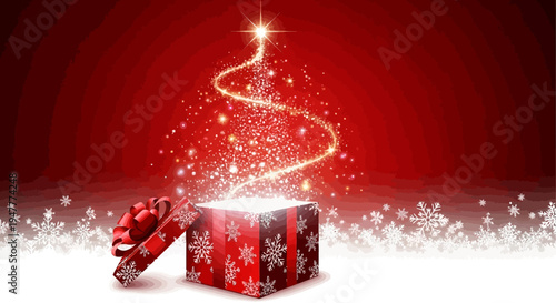 Magical Christmas Gift Box Opens to Reveal Sparkling Tree and Snowflakes