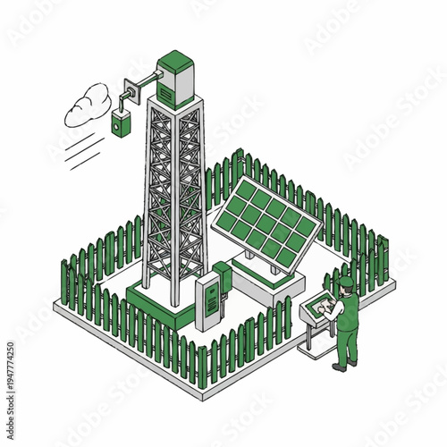 Illustration of a solar power plant with a worker operating the system.