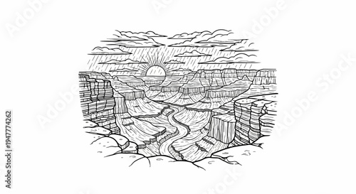 Sun rises over vast canyon with river and rain clouds