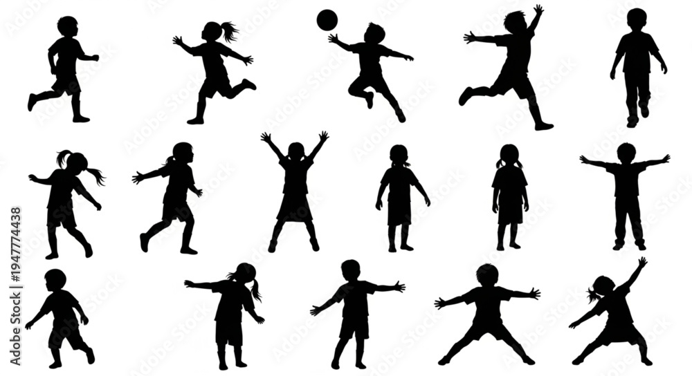 Fototapeta premium Silhouettes of kids playing sports.
