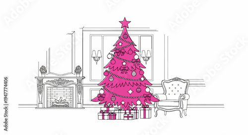 Stylized pink Christmas tree with presents sits in a room with a fireplace and armchair